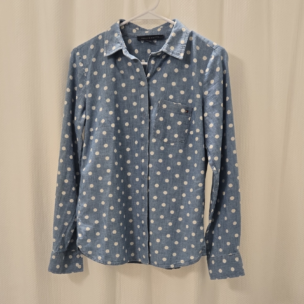 100% Cotton Tommy Hilfiger Blue and White Polka Dot Blouse